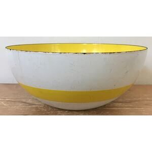 Vtg Enamelware White Yellow Striped Kitchen Mixing Bowl Primitive Distressed 8"